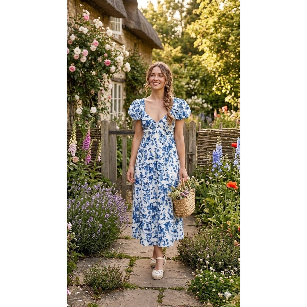 Abercrombie & Fitch Puff Sleeve Plunge Floral Midi Dress white blue floral XSP